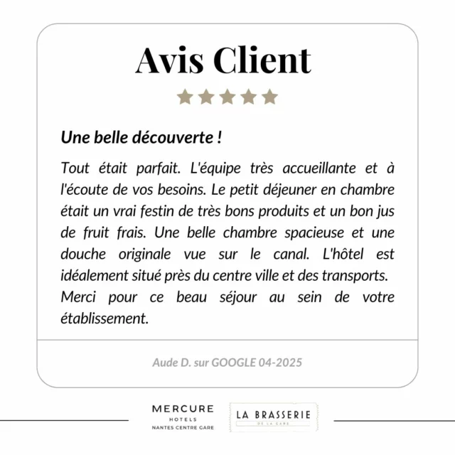 ⭐️⭐️⭐️⭐️⭐️ Votre satisfaction, notre plus belle réussite !

Nous avons eu le plaisir de recevoir un avis Google 5 étoiles qui résume parfaitement ce que nous aimons offrir à nos clients chaque jour :

Merci à notre cliente pour sa confiance et à notre équipe pour son professionnalisme quotidien 💙

À l’Hôtel Mercure Nantes Centre Gare, nous faisons tout pour que chaque séjour soit fluide, reposant et mémorable.

Et vous, c’est pour quand votre prochaine escale nantaise ? 😉

📍#MercureNantesCentreGare #AvisClient #5Etoiles #SéjourNantes #Hospitalité #Merci #ConfortEtService